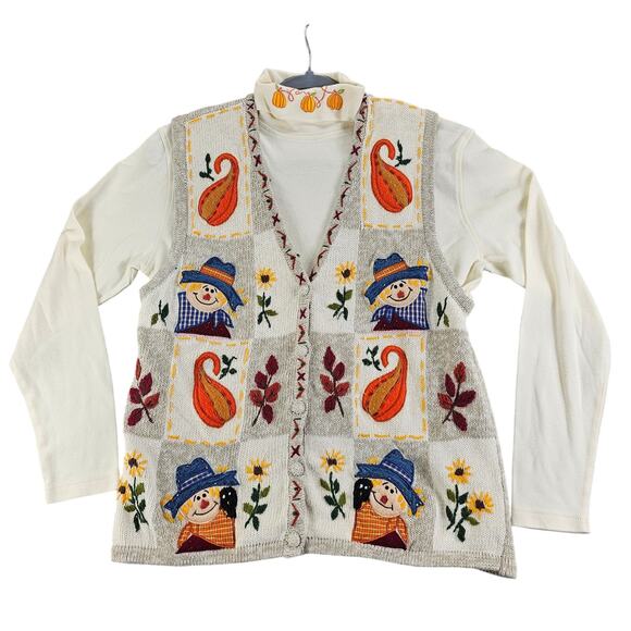 Vintage Bobbie Brooks Fall Sweater Vest Set Scarecrows Gourds Women L Grannycore - Picture 1 of 16
